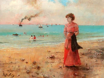 Young Woman with a Red Umbrella by the Sea